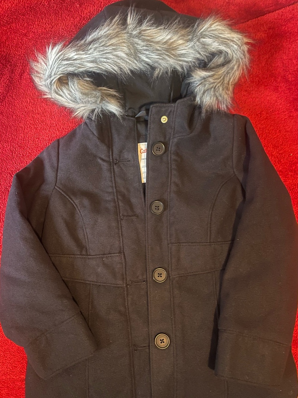 Cat & Jack Black Hooded Pea Coat with Faux Fur Trim